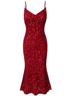 Discount Retro Stage 1930s V-Neck Suspender Sequined Fishtail Dress