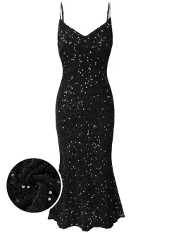 Discount Retro Stage 1930s V-Neck Suspender Sequined Fishtail Dress