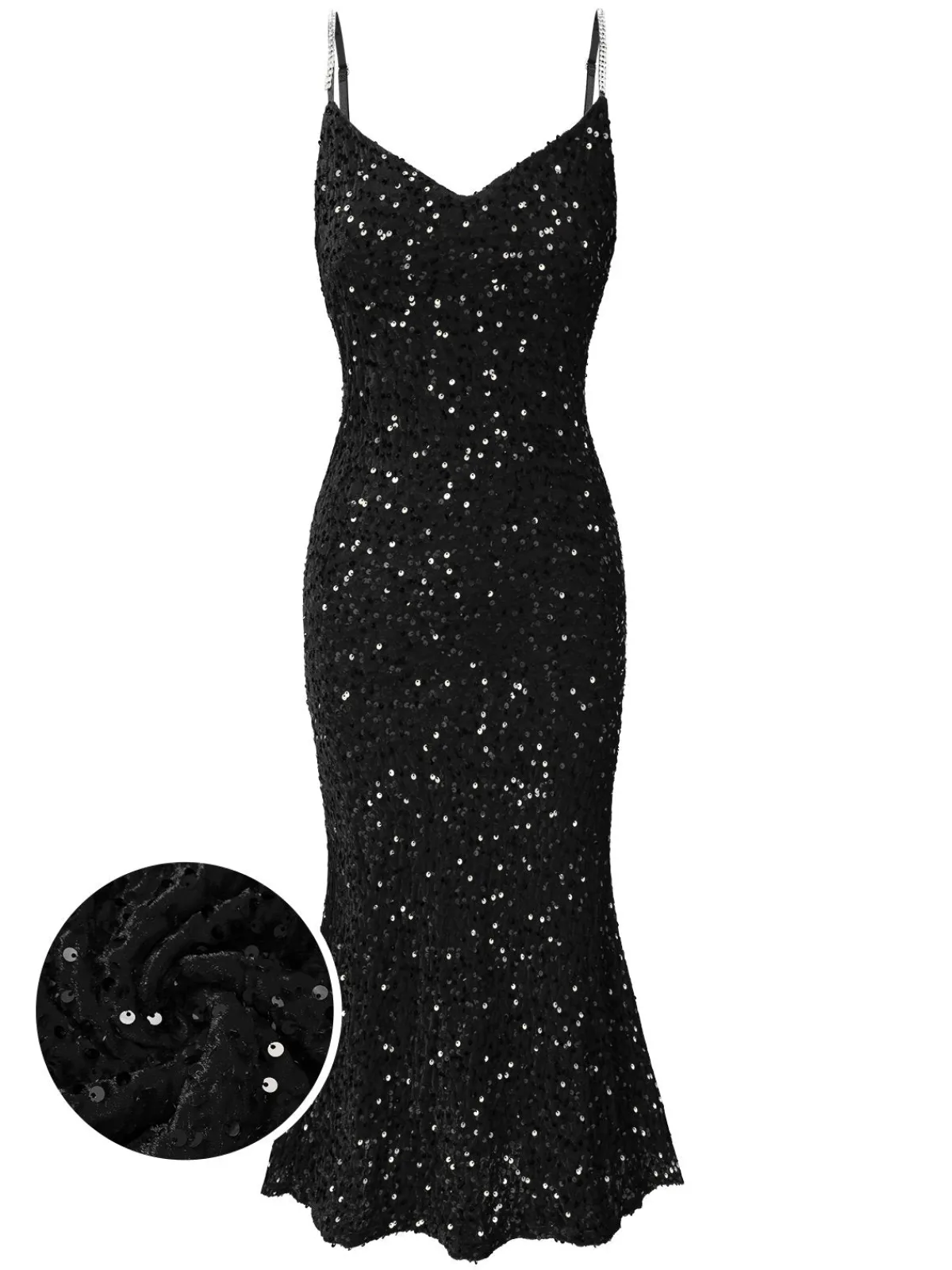 Discount Retro Stage 1930s V-Neck Suspender Sequined Fishtail Dress