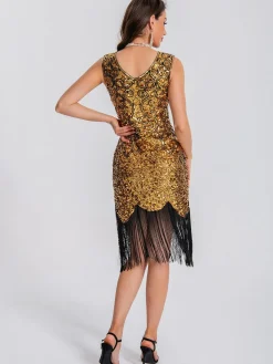 Online Retro Stage 1920s V-Neck Symmetrical Pattern Tassel Sequined Dress