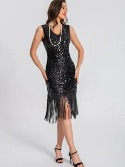 Online Retro Stage 1920s V-Neck Symmetrical Pattern Tassel Sequined Dress