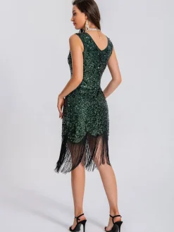Online Retro Stage 1920s V-Neck Symmetrical Pattern Tassel Sequined Dress
