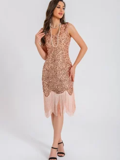 Online Retro Stage 1920s V-Neck Symmetrical Pattern Tassel Sequined Dress