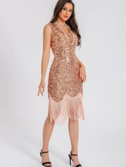 Online Retro Stage 1920s V-Neck Symmetrical Pattern Tassel Sequined Dress
