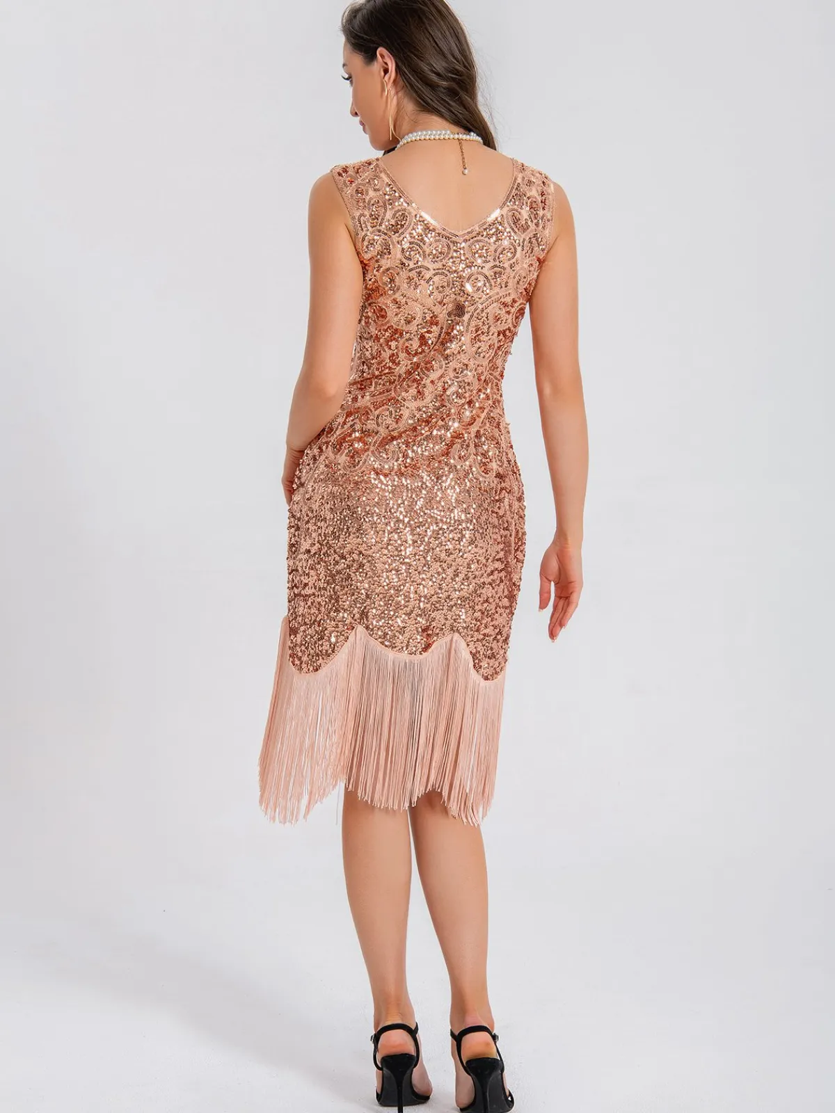 Online Retro Stage 1920s V-Neck Symmetrical Pattern Tassel Sequined Dress