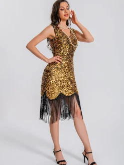Online Retro Stage 1920s V-Neck Symmetrical Pattern Tassel Sequined Dress