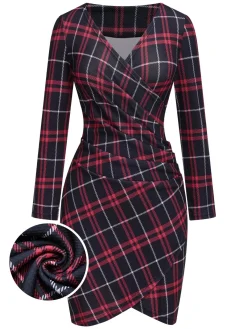 Outlet Retro Stage 1960s V-Neck Tartan Plaids Wrap Dress Red