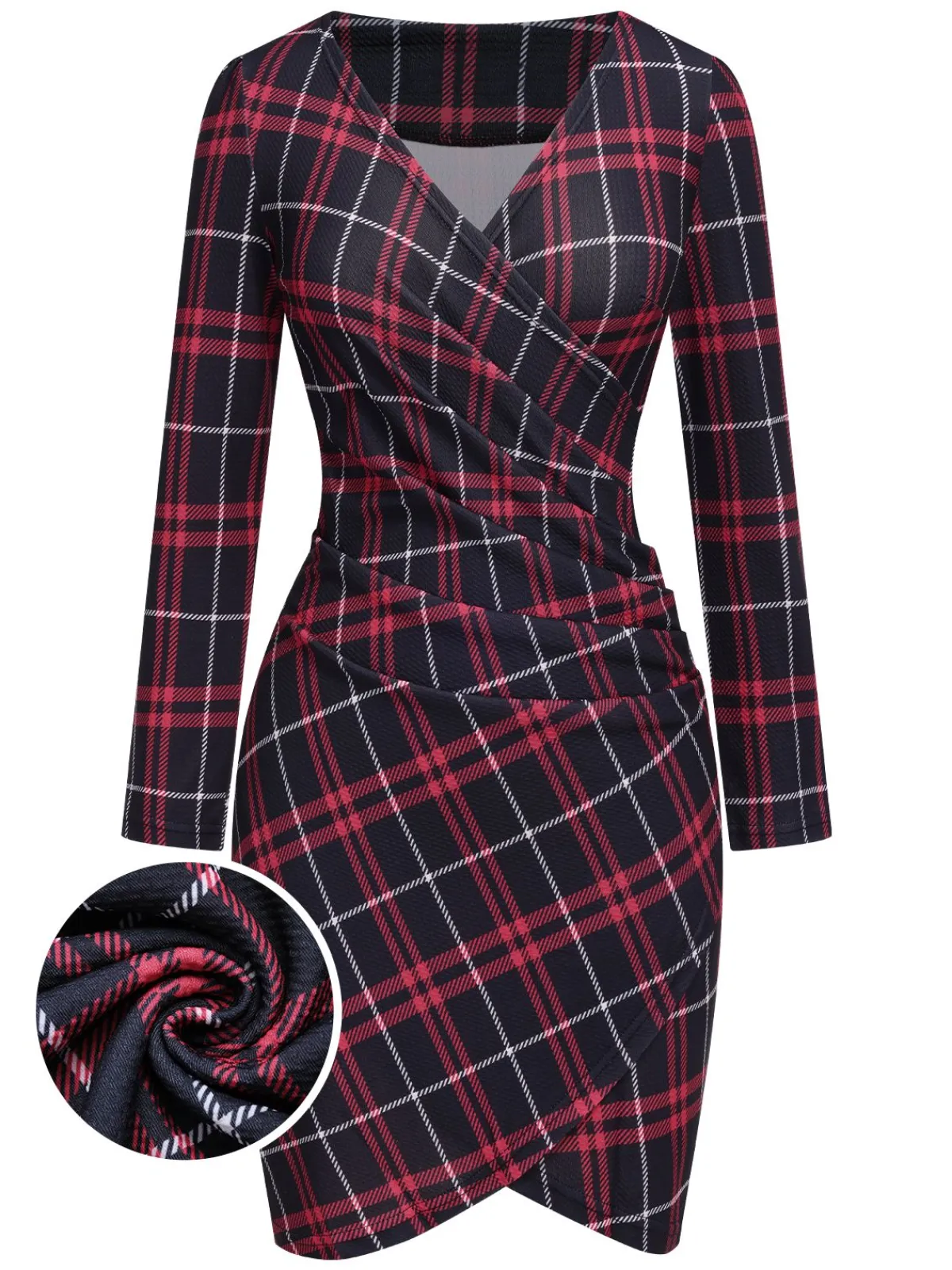 Outlet Retro Stage 1960s V-Neck Tartan Plaids Wrap Dress Red