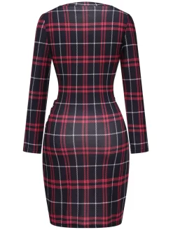 Outlet Retro Stage 1960s V-Neck Tartan Plaids Wrap Dress Red