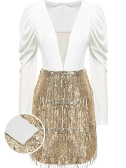 Sale Retro Stage 1960s V-Neck Tassel Sequined Wrap Dress White & Champagne