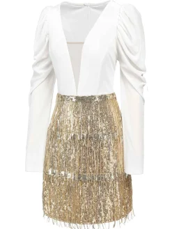 Sale Retro Stage 1960s V-Neck Tassel Sequined Wrap Dress White & Champagne
