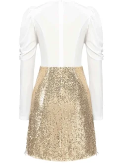Sale Retro Stage 1960s V-Neck Tassel Sequined Wrap Dress White & Champagne