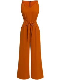 Fashion Retro Stage 1970s V-Neck Tie-Front Solid Jumpsuit