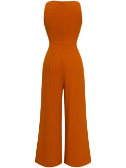 Fashion Retro Stage 1970s V-Neck Tie-Front Solid Jumpsuit