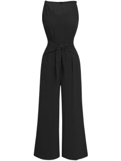 Fashion Retro Stage 1970s V-Neck Tie-Front Solid Jumpsuit