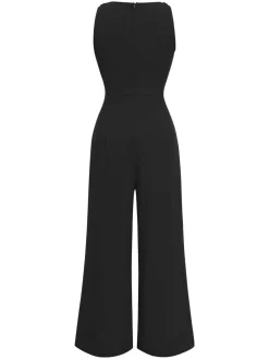 Fashion Retro Stage 1970s V-Neck Tie-Front Solid Jumpsuit