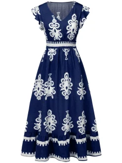 Sale Retro Stage 1970s V-Neck Tribal Pattern Bohemian Dress