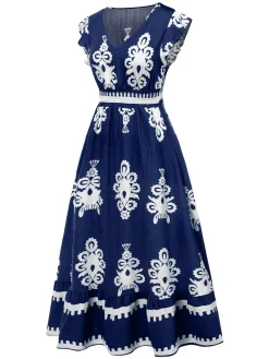 Sale Retro Stage 1970s V-Neck Tribal Pattern Bohemian Dress