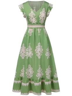 Sale Retro Stage 1970s V-Neck Tribal Pattern Bohemian Dress
