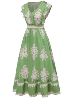 Sale Retro Stage 1970s V-Neck Tribal Pattern Bohemian Dress