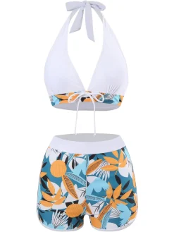 Discount Retro Stage 1970s V-Neck Tropical Plants Halter Swimsuit