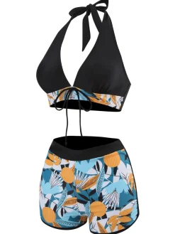 Discount Retro Stage 1970s V-Neck Tropical Plants Halter Swimsuit