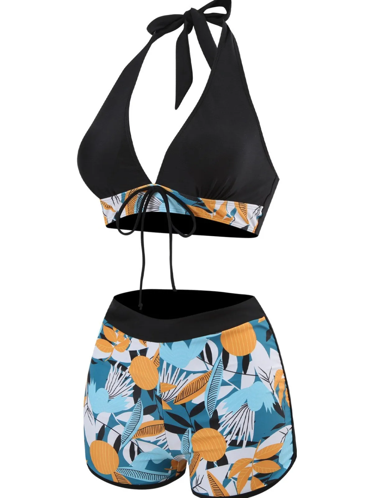 Discount Retro Stage 1970s V-Neck Tropical Plants Halter Swimsuit