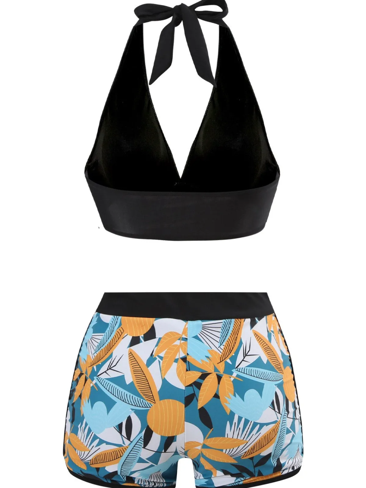 Discount Retro Stage 1970s V-Neck Tropical Plants Halter Swimsuit