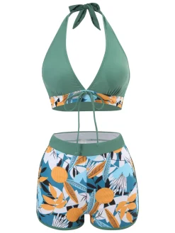 Discount Retro Stage 1970s V-Neck Tropical Plants Halter Swimsuit