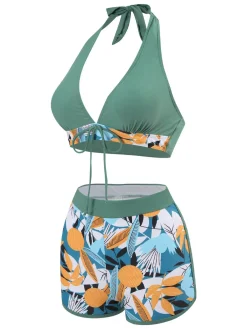 Discount Retro Stage 1970s V-Neck Tropical Plants Halter Swimsuit
