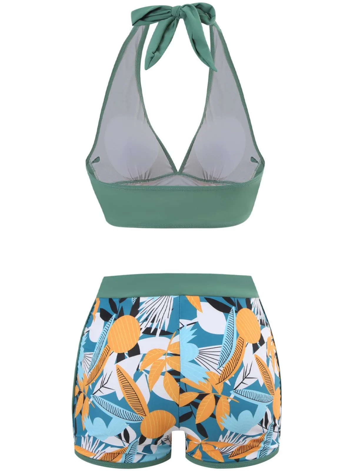 Discount Retro Stage 1970s V-Neck Tropical Plants Halter Swimsuit
