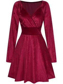 Fashion Retro Stage 1960s V-Neck Velvet Long Sleeve A-Line Dress