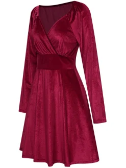 Fashion Retro Stage 1960s V-Neck Velvet Long Sleeve A-Line Dress