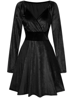 Fashion Retro Stage 1960s V-Neck Velvet Long Sleeve A-Line Dress