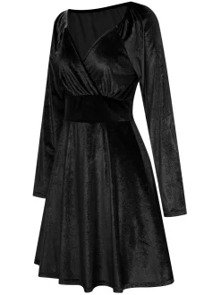 Fashion Retro Stage 1960s V-Neck Velvet Long Sleeve A-Line Dress
