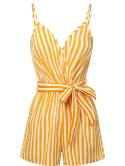Fashion Retro Stage 1970s V-Neck Vertical Stripes Lace Up Romper