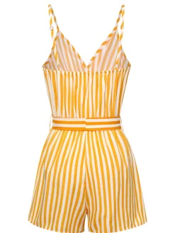 Fashion Retro Stage 1970s V-Neck Vertical Stripes Lace Up Romper