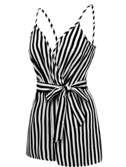 Fashion Retro Stage 1970s V-Neck Vertical Stripes Lace Up Romper
