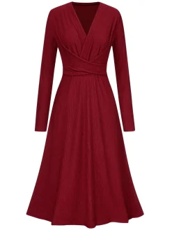 Online Retro Stage 1940s V-Neck Wrap Waist A-Line Midi Dress