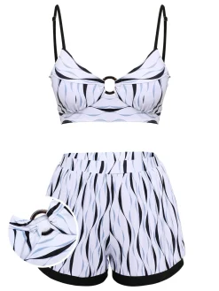 Sale Retro Stage 1950s Water Ripple Patchwork Strap Swimsuit Black & White