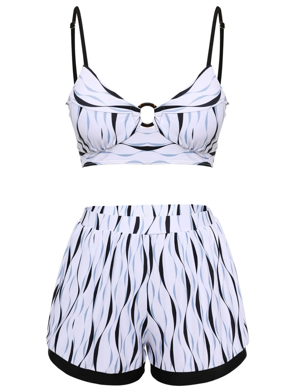 Sale Retro Stage 1950s Water Ripple Patchwork Strap Swimsuit Black & White