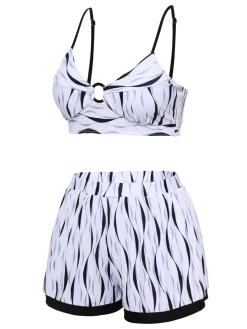 Sale Retro Stage 1950s Water Ripple Patchwork Strap Swimsuit Black & White
