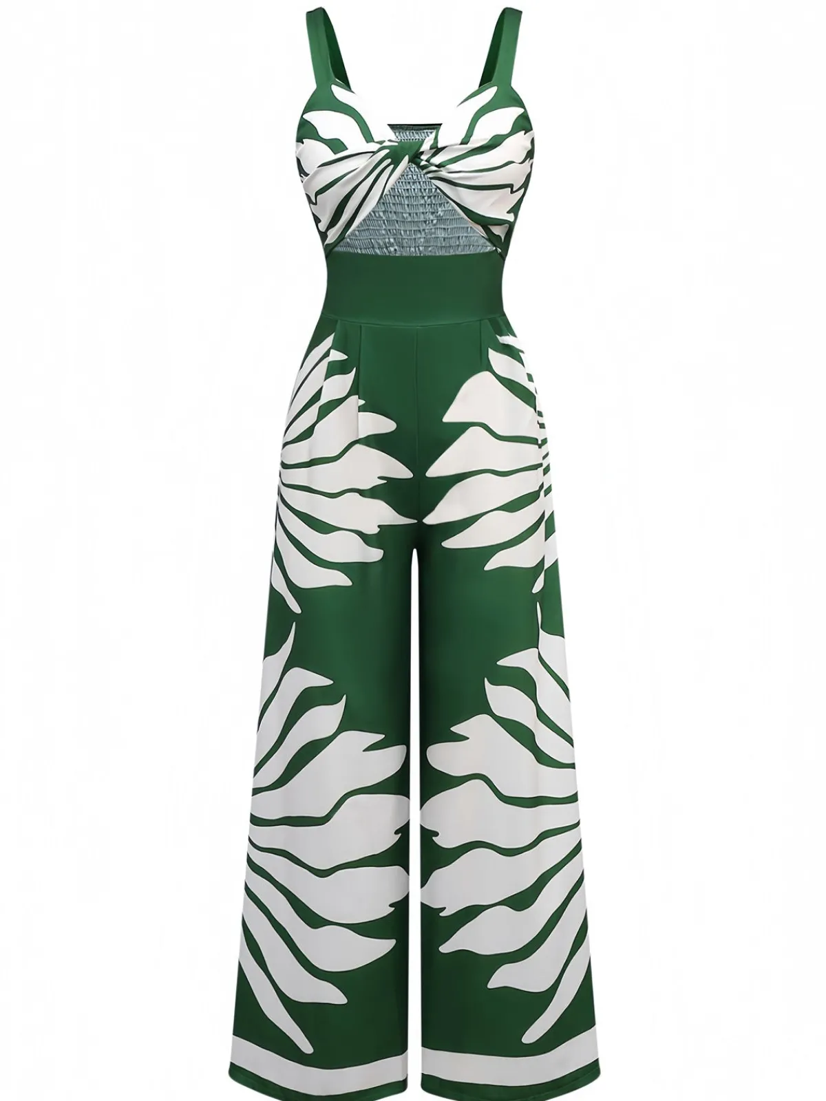 Fashion Retro Stage 1930s Wide-Strap Hollow Twist Smocked Floral Jumpsuit
