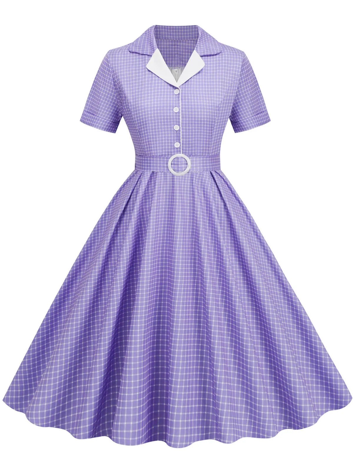 Fashion Retro Stage 1950s Window Pane Plaid Lapel Swing Dress