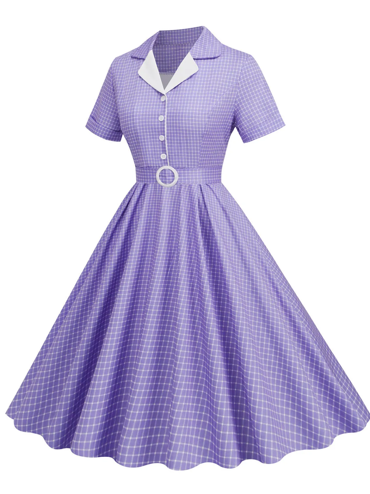 Fashion Retro Stage 1950s Window Pane Plaid Lapel Swing Dress