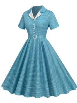 Fashion Retro Stage 1950s Window Pane Plaid Lapel Swing Dress