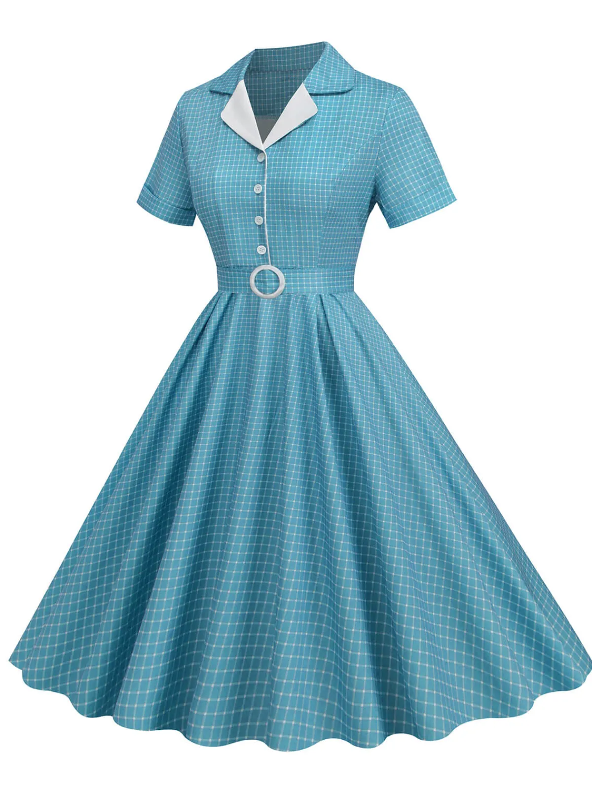 Fashion Retro Stage 1950s Window Pane Plaid Lapel Swing Dress