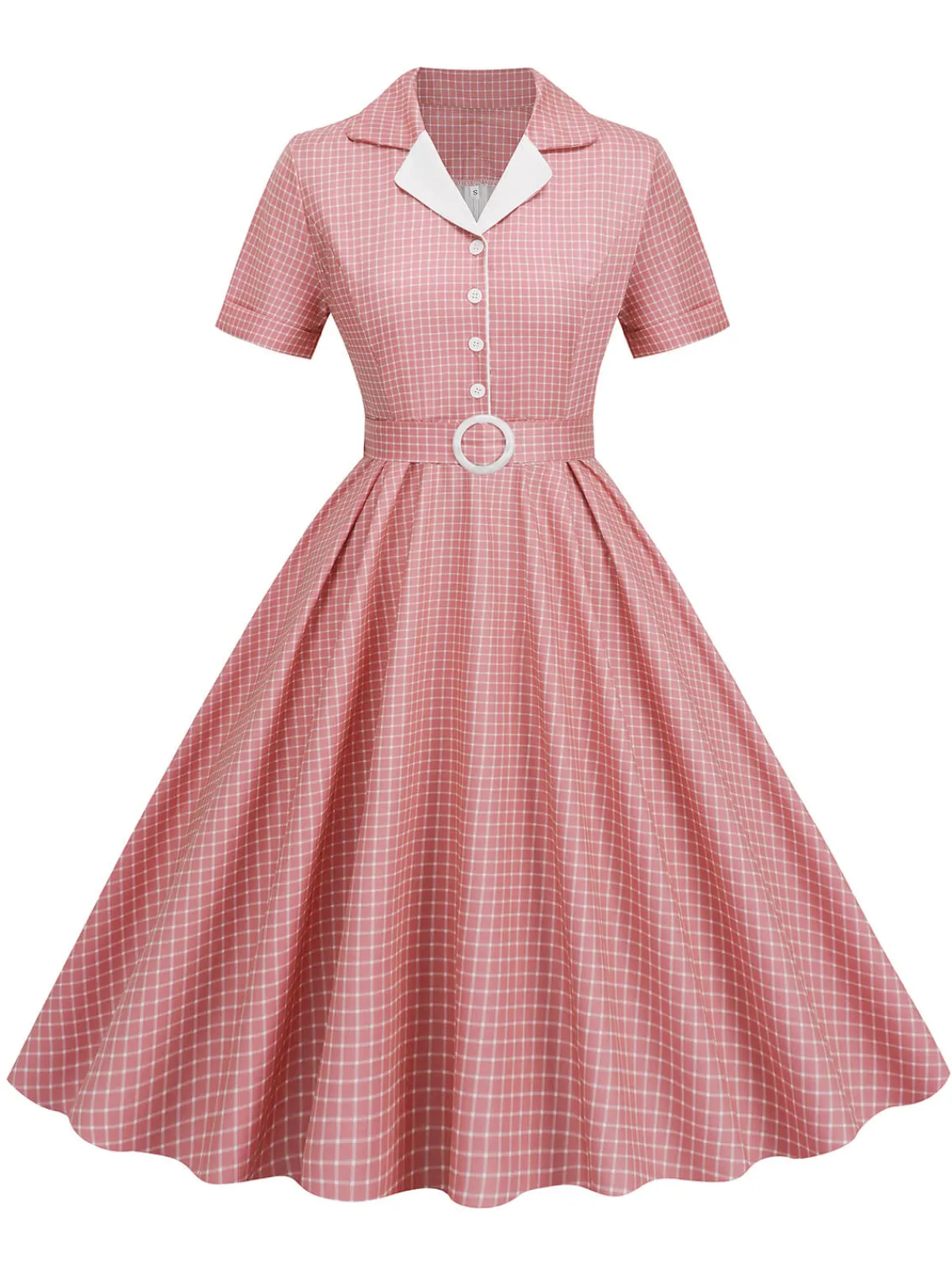 Fashion Retro Stage 1950s Window Pane Plaid Lapel Swing Dress