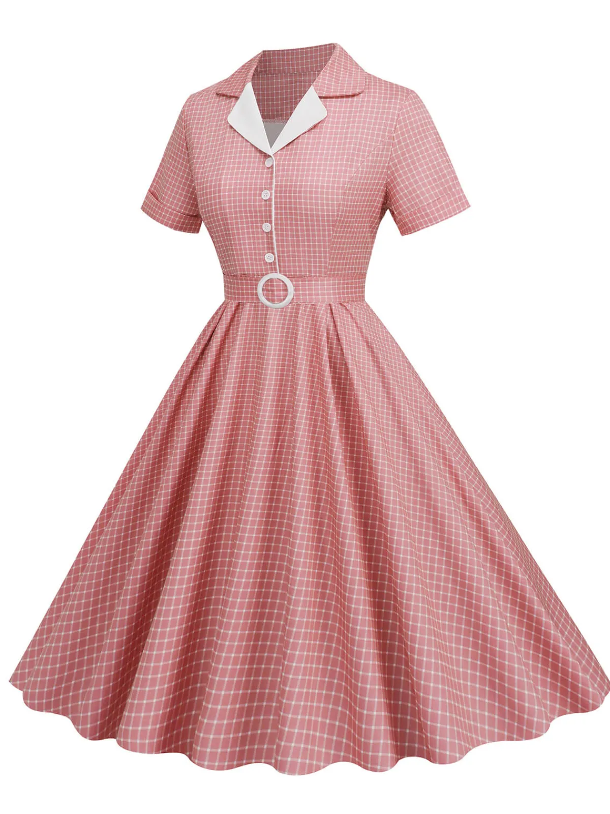 Fashion Retro Stage 1950s Window Pane Plaid Lapel Swing Dress