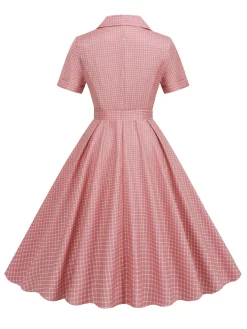 Fashion Retro Stage 1950s Window Pane Plaid Lapel Swing Dress